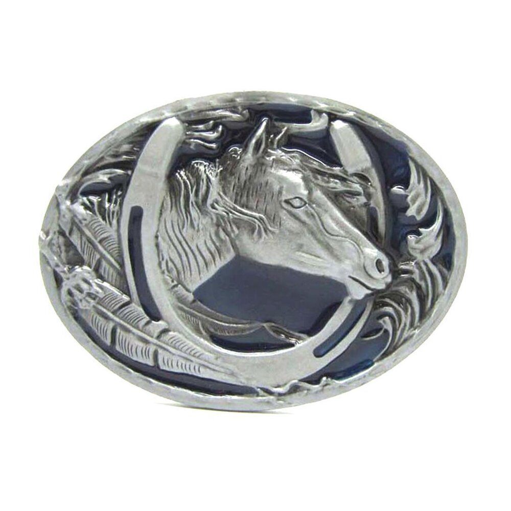 3330 Engraved Animal Horse Head Horseshoe Oval Belt Buckle